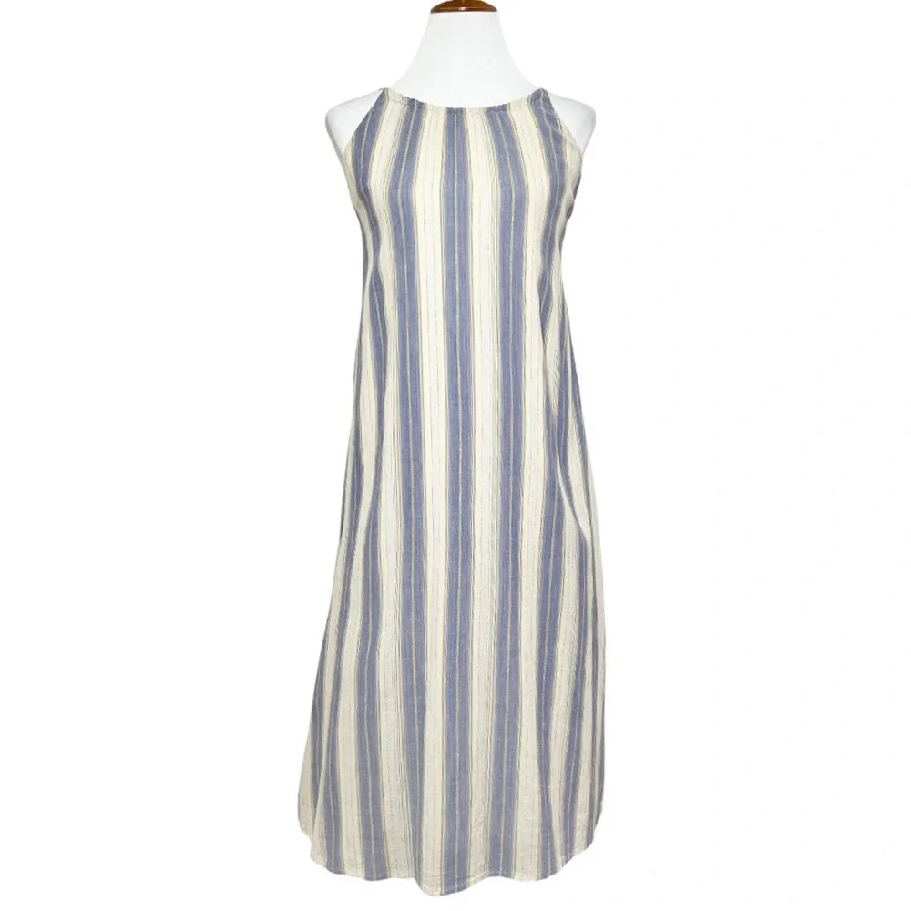SOLD-Urban Outfitters Striped Chambray and Cream Midi Halter SunDress - Picture 2 of 15